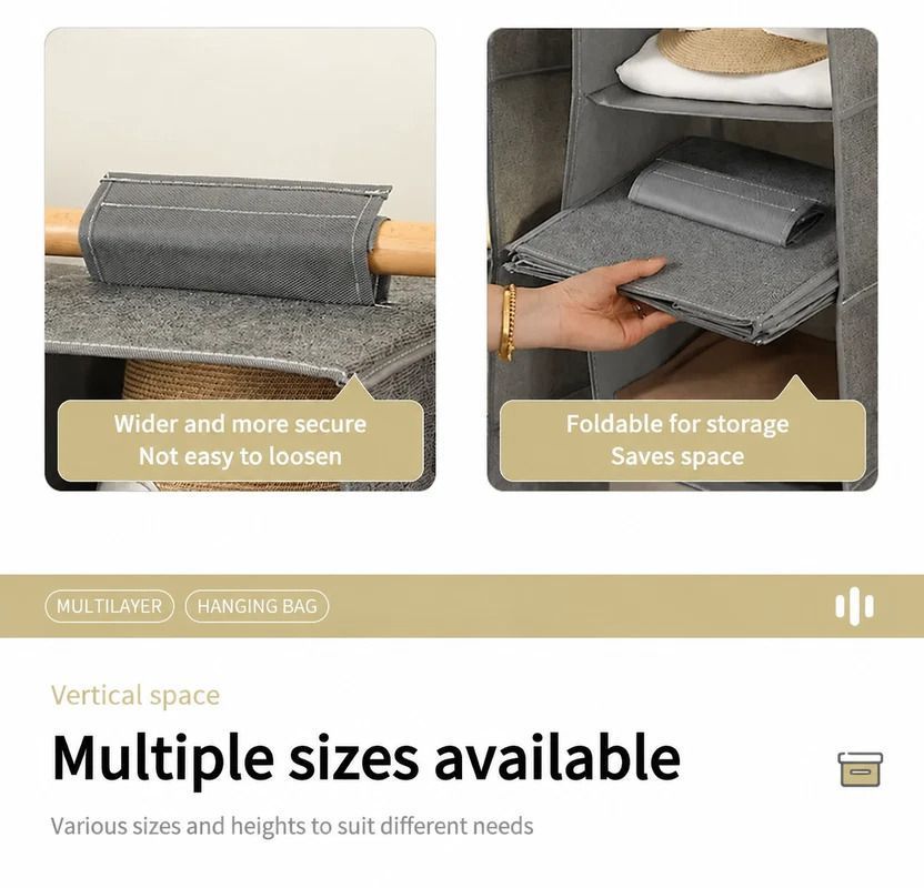 Cotton Linen Multi-Tier Hanging Garment Caddy, 5 Tier, Grey, Easy Clothing Organisation — image 3