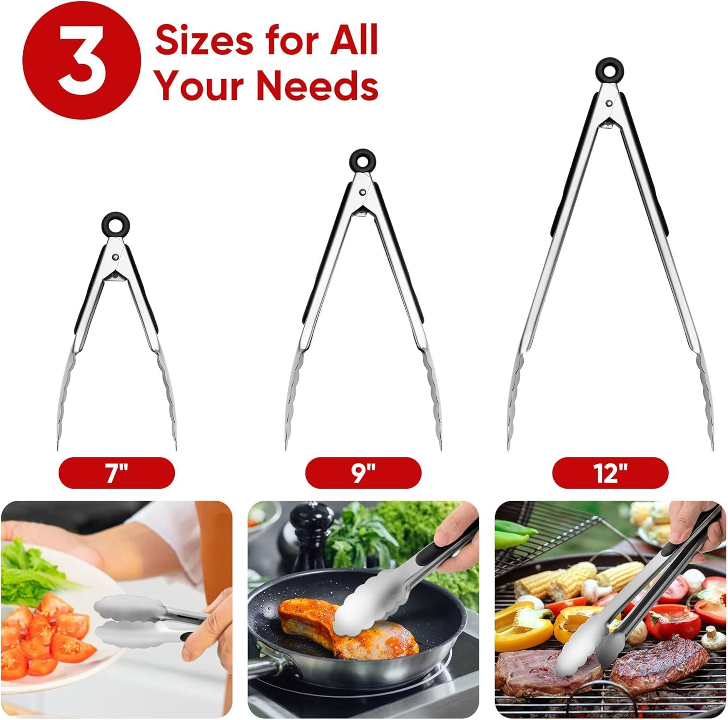 3 Pcs Stainless Steel Kitchen Tongs Set (7" 9" 12"), Heavy Duty Food Grade Cooking Tongs with Lock for Grilling & BBQ (Black) — image 3