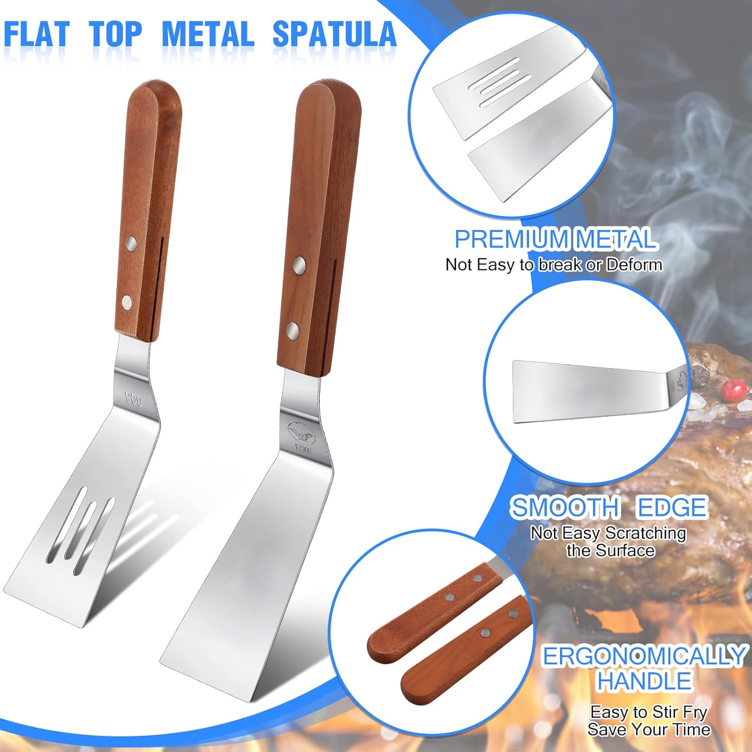 3 Pieces Stainless Steel Cooking Spatula Set Flat Top Metal Spatula Stainless Steel Wire Cheese Cutter Tool Slotted Spatula with Wooden Handle for Grilling — image 3