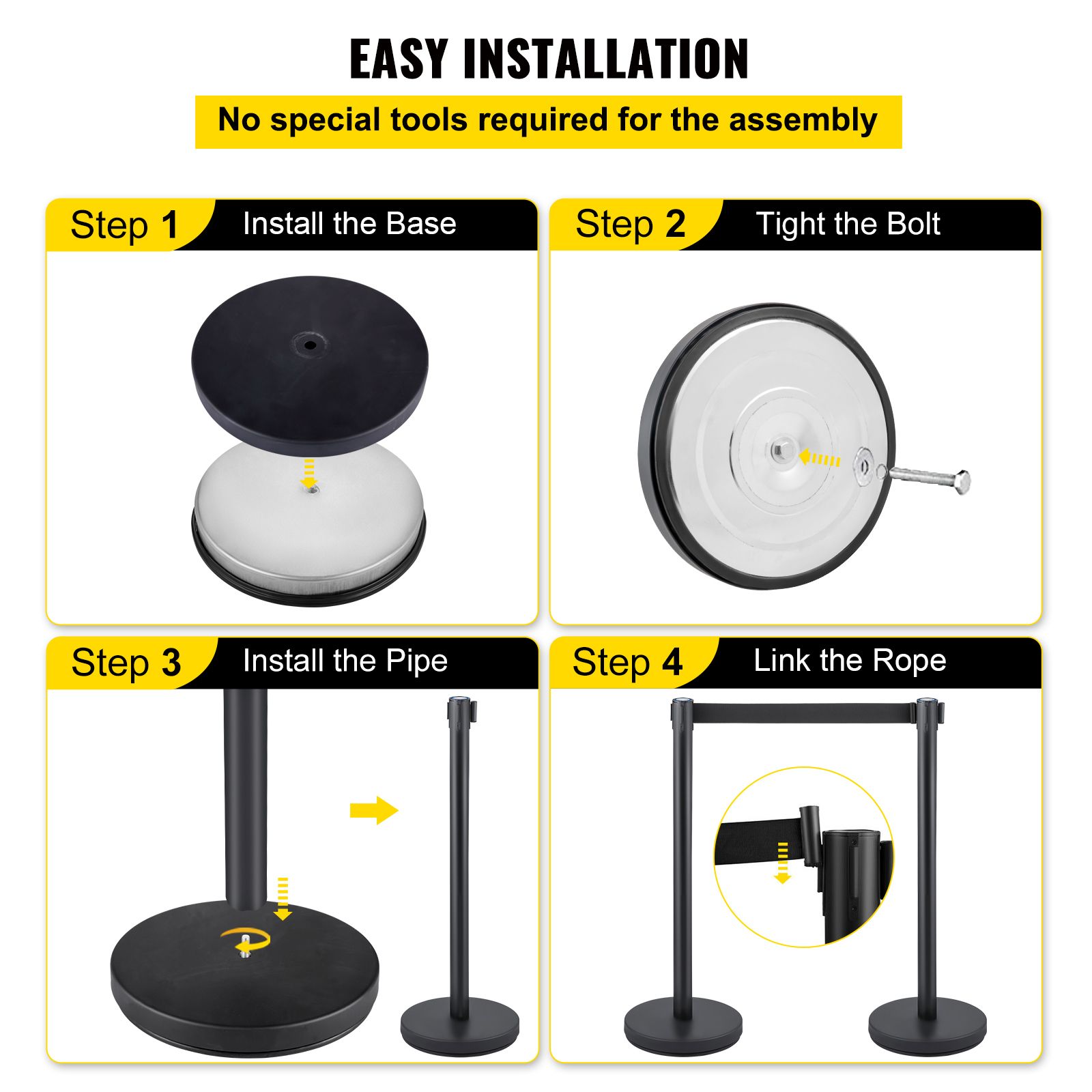 Crowd Control Stanchion, Set of 6 Pieces Stanchion Set, Stanchion Set with 6.6 ft/2 m Black Retractable Belt, Black Crowd Control Barrier with Concrete and โ image 6