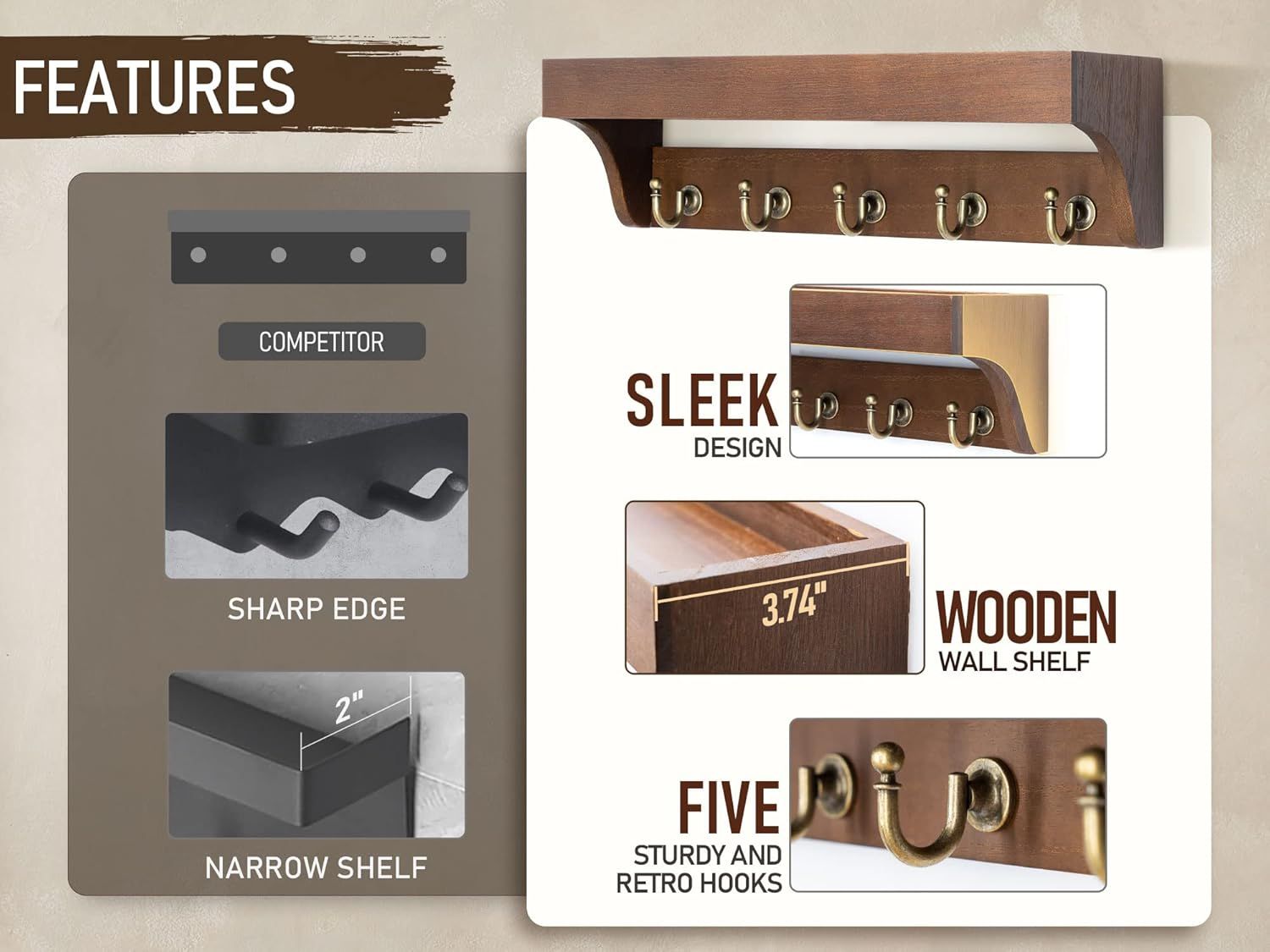 Wood Wall Key Holder with 5 Hooks and Shelf Brown, 35.6 cm โ image 4