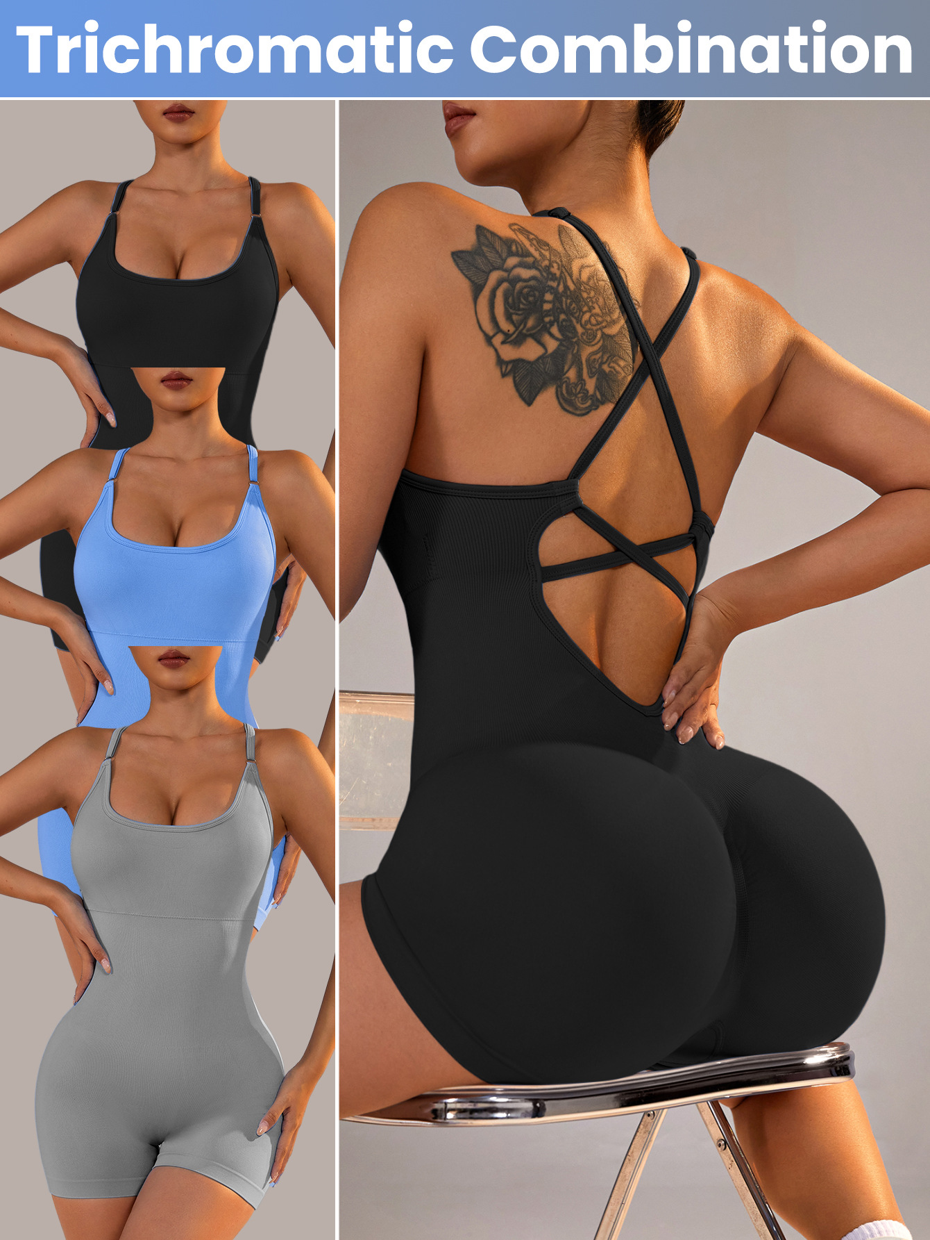 Size XS Light Blue Nylon Seamless Yoga Bodysuit - Women's Athletic Romper, Crisscross Back, Workout Jumpsuit — image 2