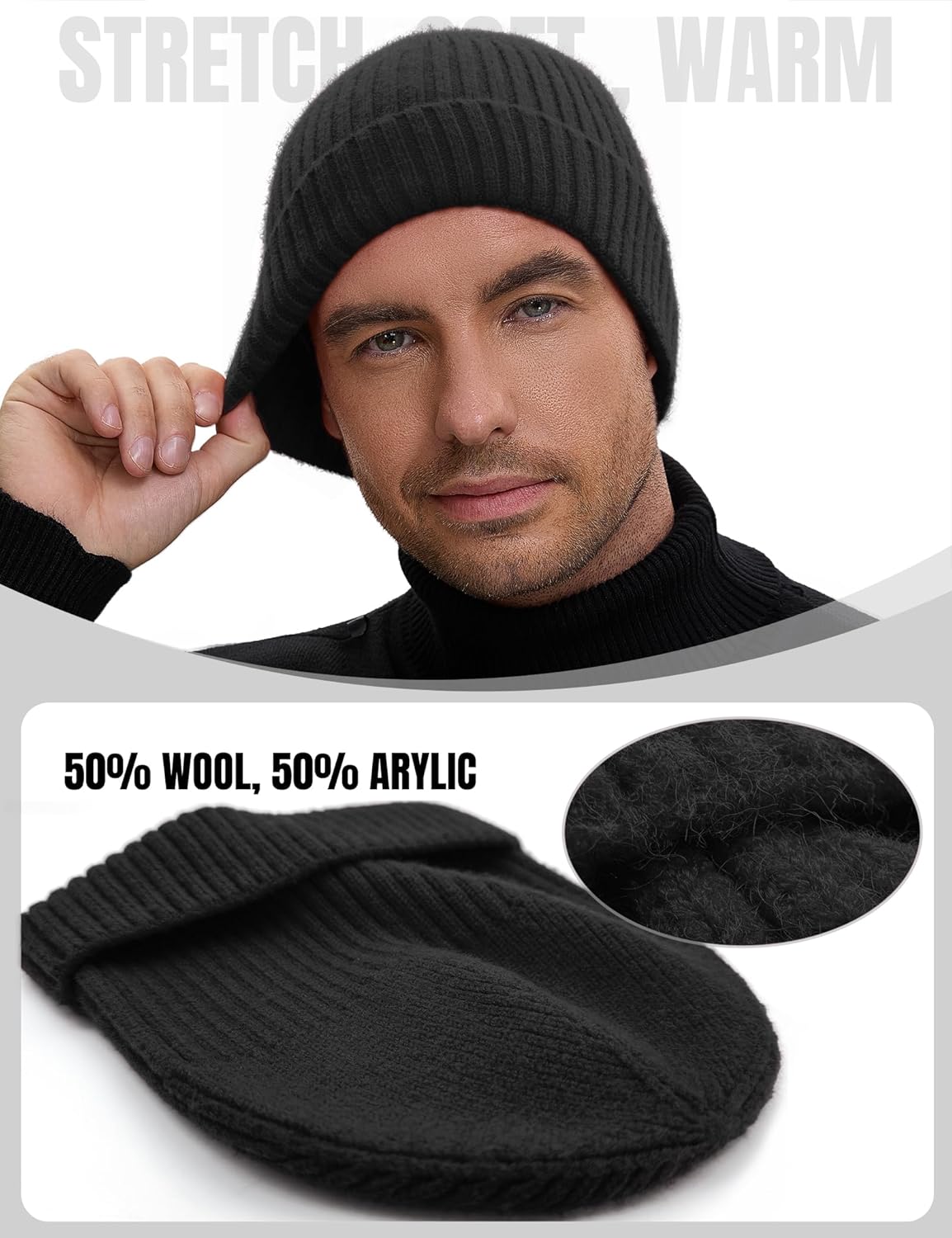 50% Wool Double Cuff Knit Beanie Hat for Men Women, Short Fisherman/Slouchy Warm Winter Skull Cap Trawler Watch Cap โ image 2