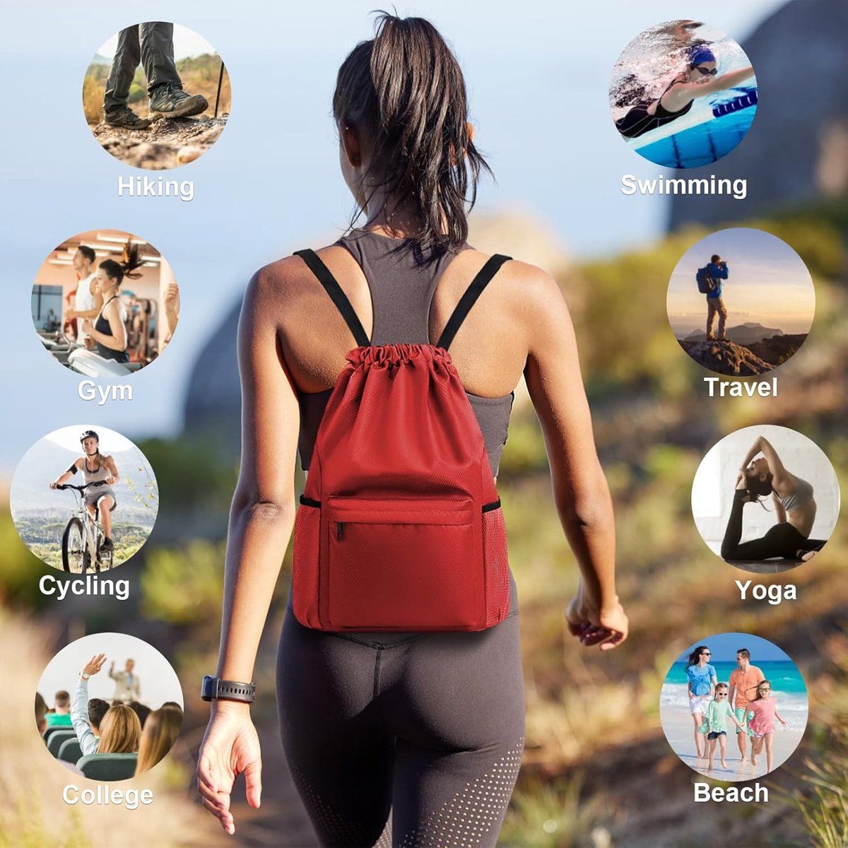 Drawstring Gym Backpack, Water Resistant Sports Bag With Wet Dry Compartment And Multi Pocket Design, 18.5 in โ image 5
