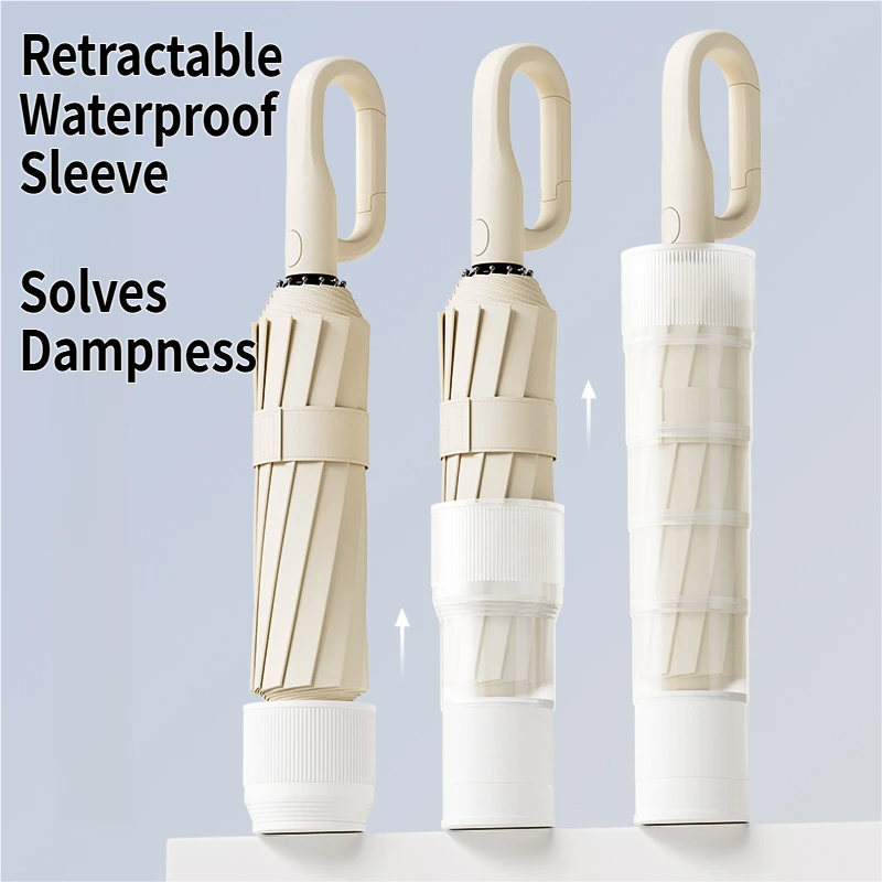 Black Foldable Automatic Open Umbrella with Retractable Waterproof Sleeve, Clip Handle and Winproof Dual Rib - Lightweight Rain Sun Umbrella, Large Diameter โ image 5