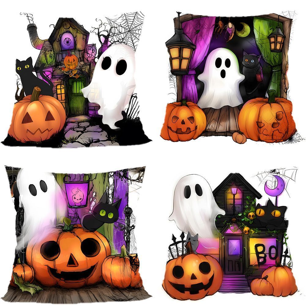 Decorative Pillow Cover 4PC For Christmas & Halloween, Style‑94, Suitable For Sofa, Living Room, Bedroom, 45 × 45cm, Pillow Insert Not Included, Stitched