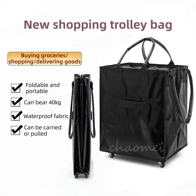 Black Portable Folding Shopping Trolley Bag(50x40x30CM) - Durable Woven Fabric, Reusable Grocery Bag with Wheels for Effortless Travel — image 2
