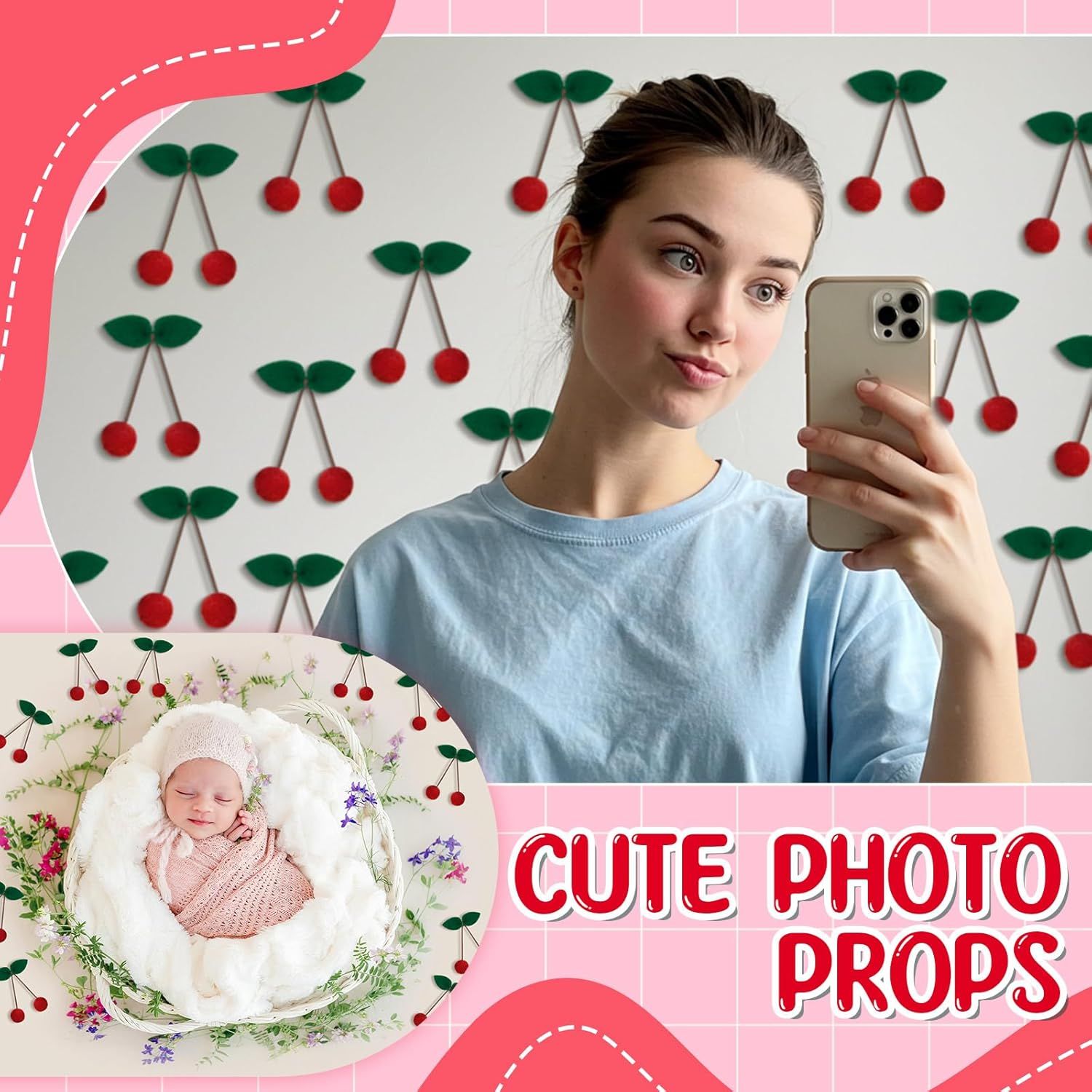 20 Pcs Cherry Party Decor Cherry Felt Balls DIY Garland Craft Handmade Cute Wool Pompom Fruit Baby Shower Decorations for Birthday Baby Shower Party Wedding โ image 5