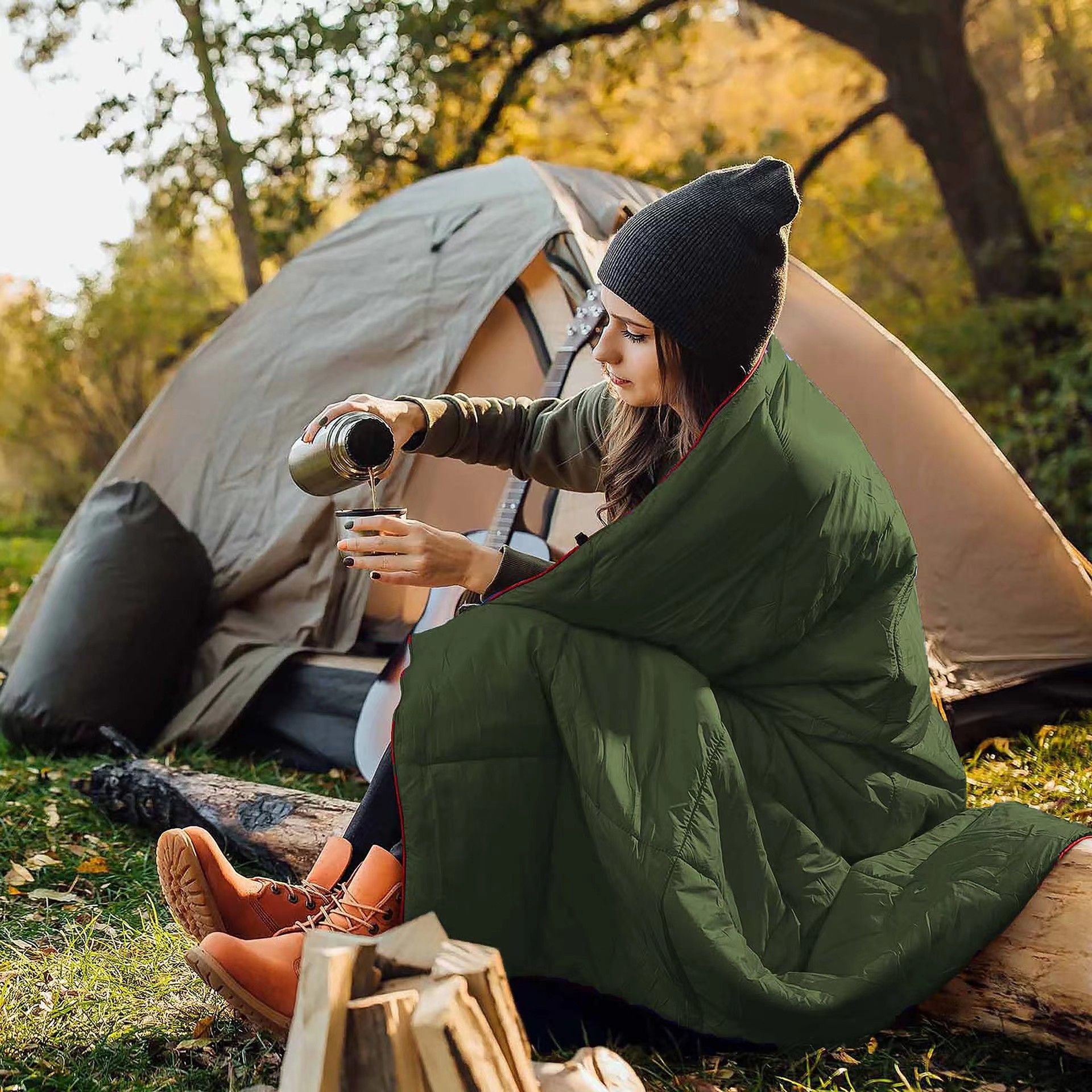 200x140cm Green Large Outdoor Camping Imitation Silk Cotton Wearable Warmth Blanket, Quilted Poncho Shawl Throw with Storage Bag, Lightweight Warm Camping โ image 2