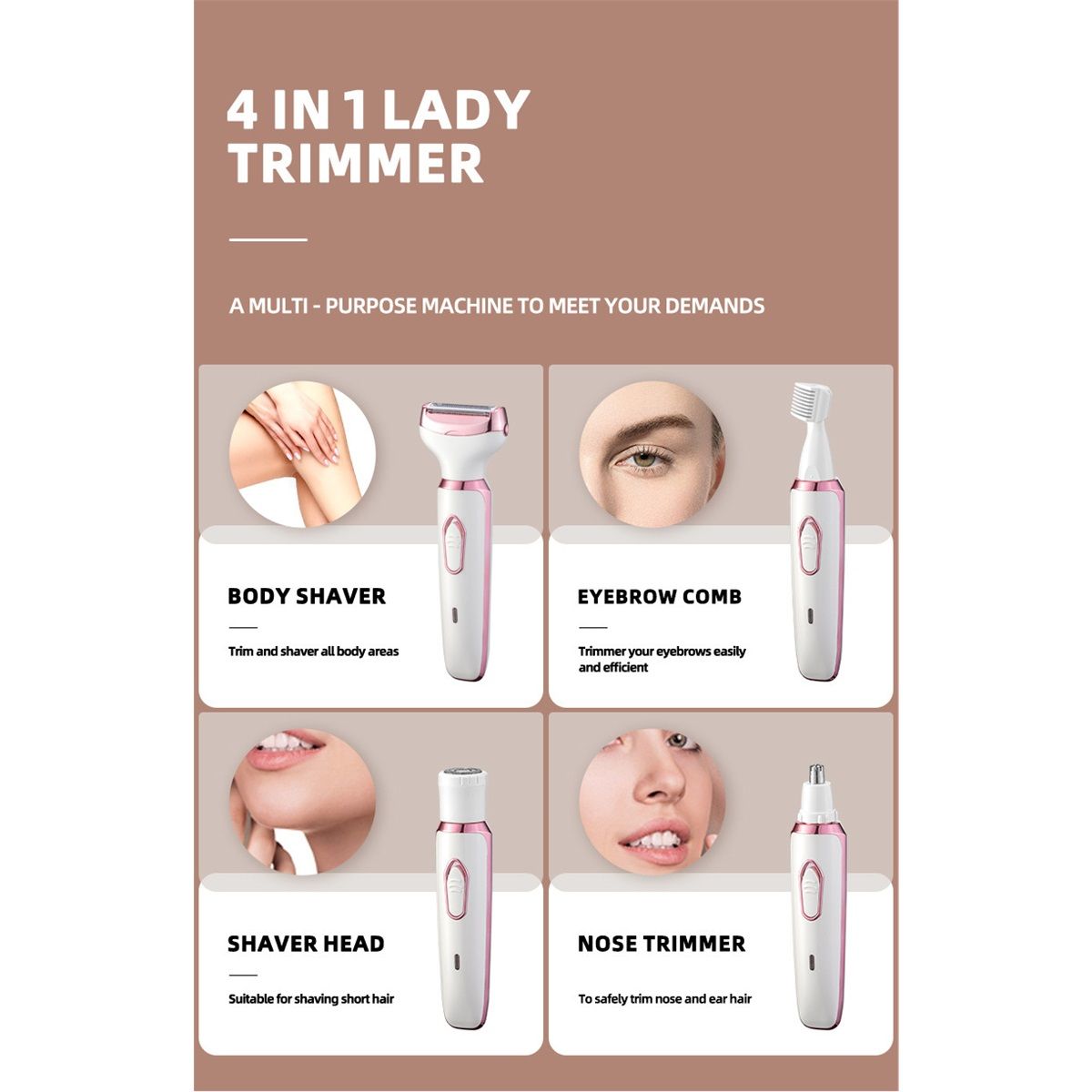 Electric Razor for Women,Hair Trimmer for Face Nose Eyebrow Beard Mustache Arm Leg Armpit Bikini,Painless Rechargeable Portable 4 in 1 Womens Body Shavers Set — image 5