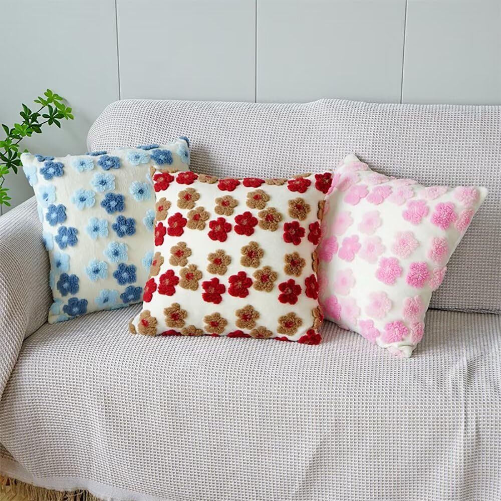 Red and Brown Charming 3D Floral Plush Cushion Covers - Set of 4, 45x45cm Soft Faux Lambswool Pillowcases for Sofa & Bed Decor โ image 2