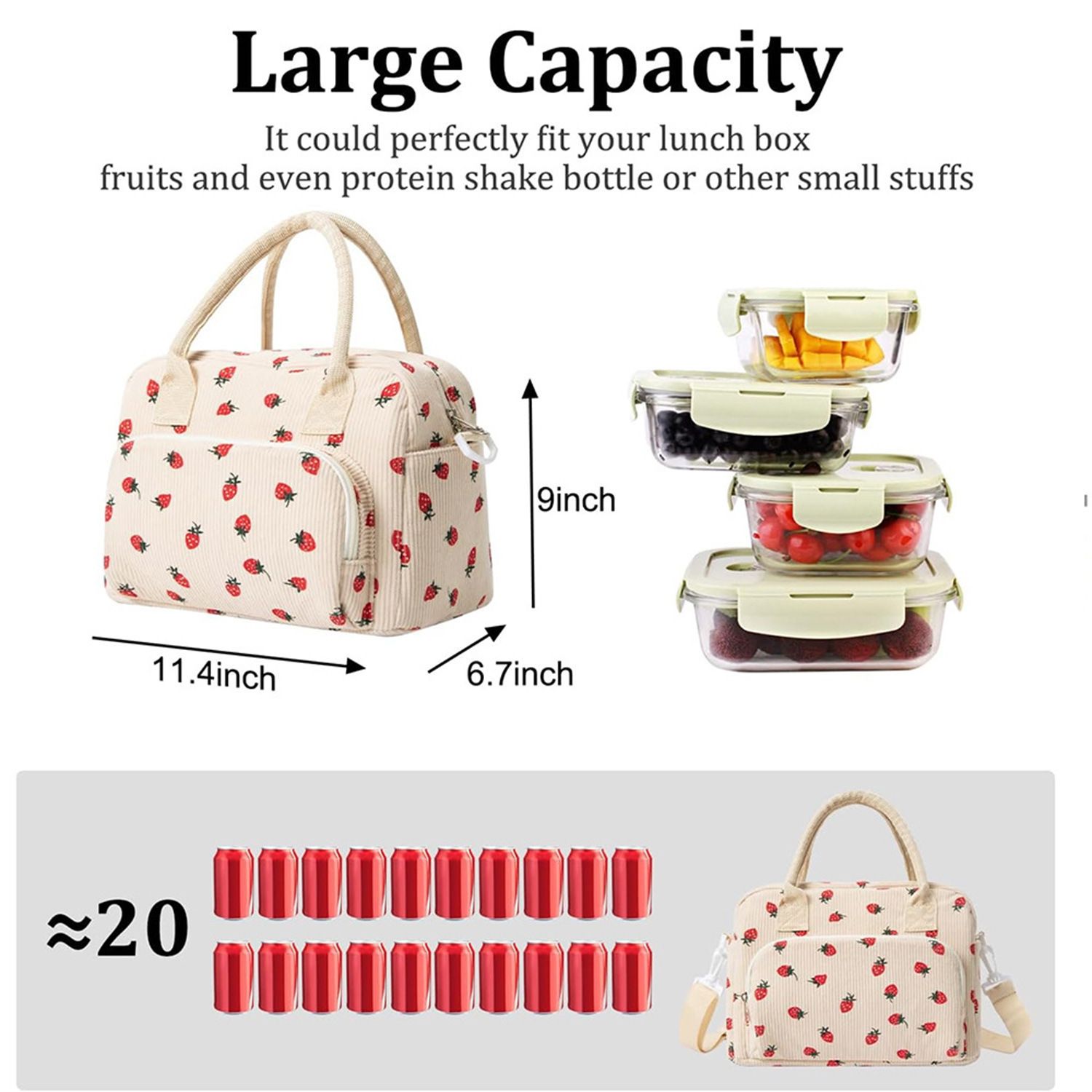 Strawberry Print Soft Corduroy Insulated Lunch Bag for Women and Students - Large Capacity Thermal Lunch Tote with Shoulder Strap, Front Zip Pocket and Side โ image 4