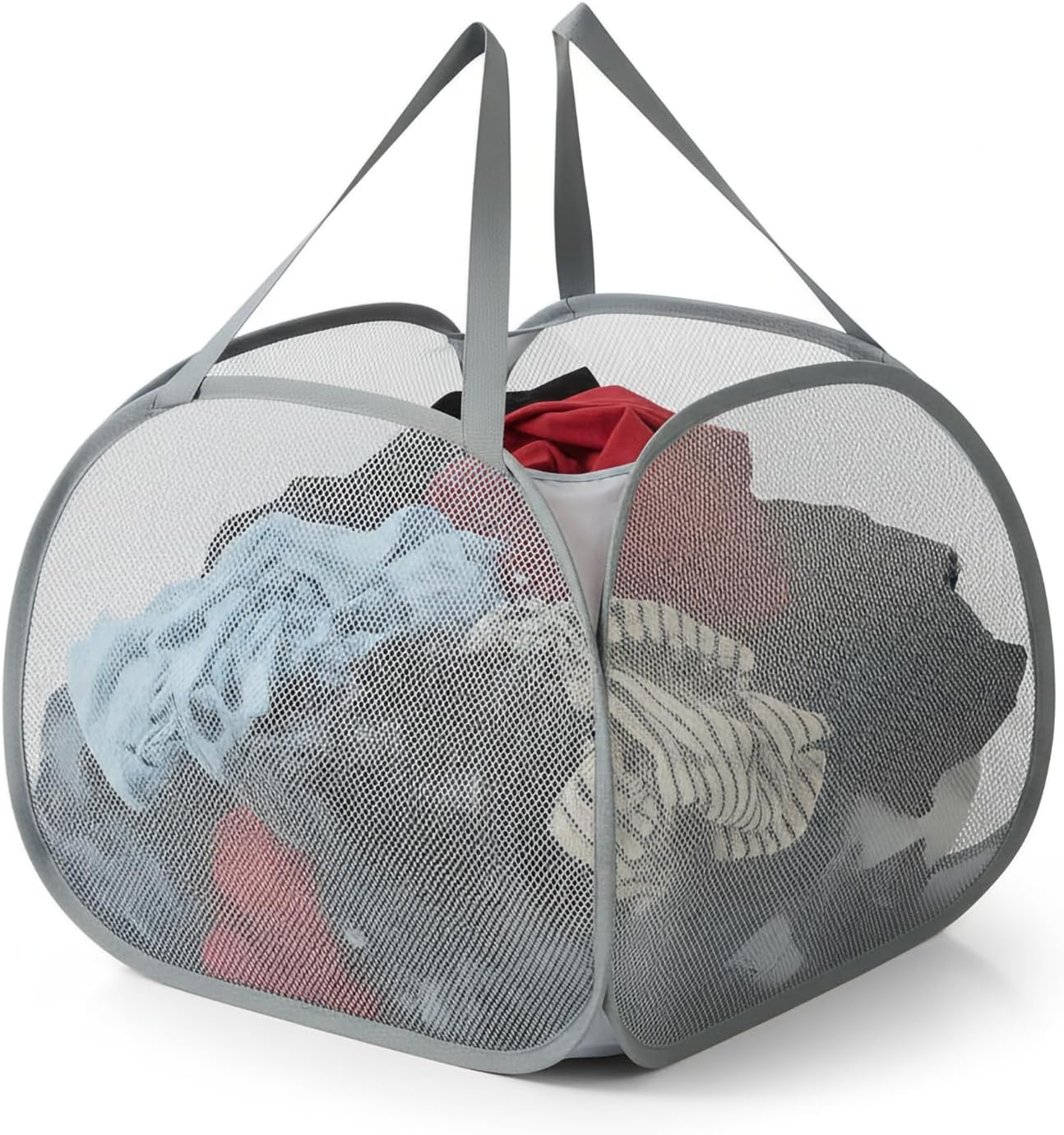Kimmama Collapsible Mesh Laundry Basket, Foldable Pop Up Laundry Hamper with Side Pocket, Removable Clothes Storage Bin with Handle for Laundry Room, College