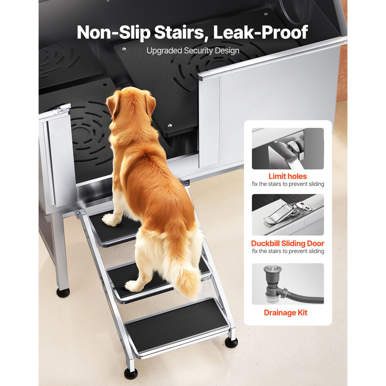 Stainless Steel Dog Washing Station, 127 cm Pet Grooming Tub w/ Stairs, PE Water Filter Board, Faucet & Showerhead & Soap Holder Dog Bathtub for Large & Medium β image 3