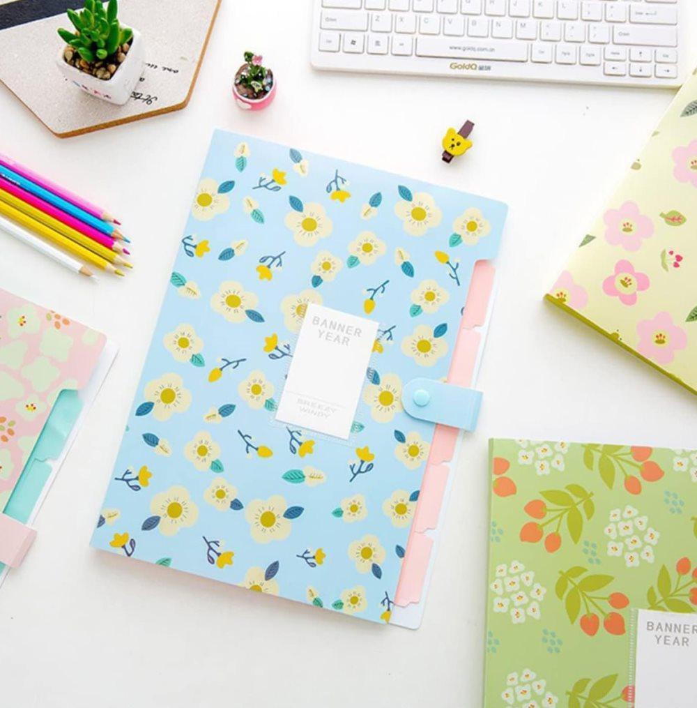 8 Compartments A4 Document Folder Waterproof Floral Pattern, with A4 Size, Yellow — image 2