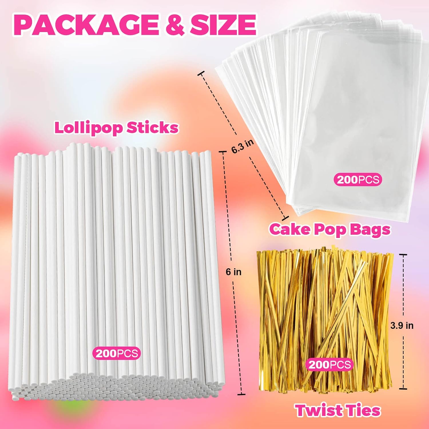 600Pcs Lollipop Stick, 6IN Cake Pop Sticks with Clear Treat Bags & Gold Twist Ties, Cake Pops Making Tools for Lollipops, Candies, Chocolates Cookies — image 2
