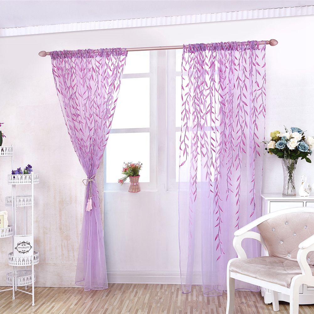 Wicker Print Sheer Vintage Embroidery Voile Window Panels for Bedroom Purple 100 x 200 cm — image 2