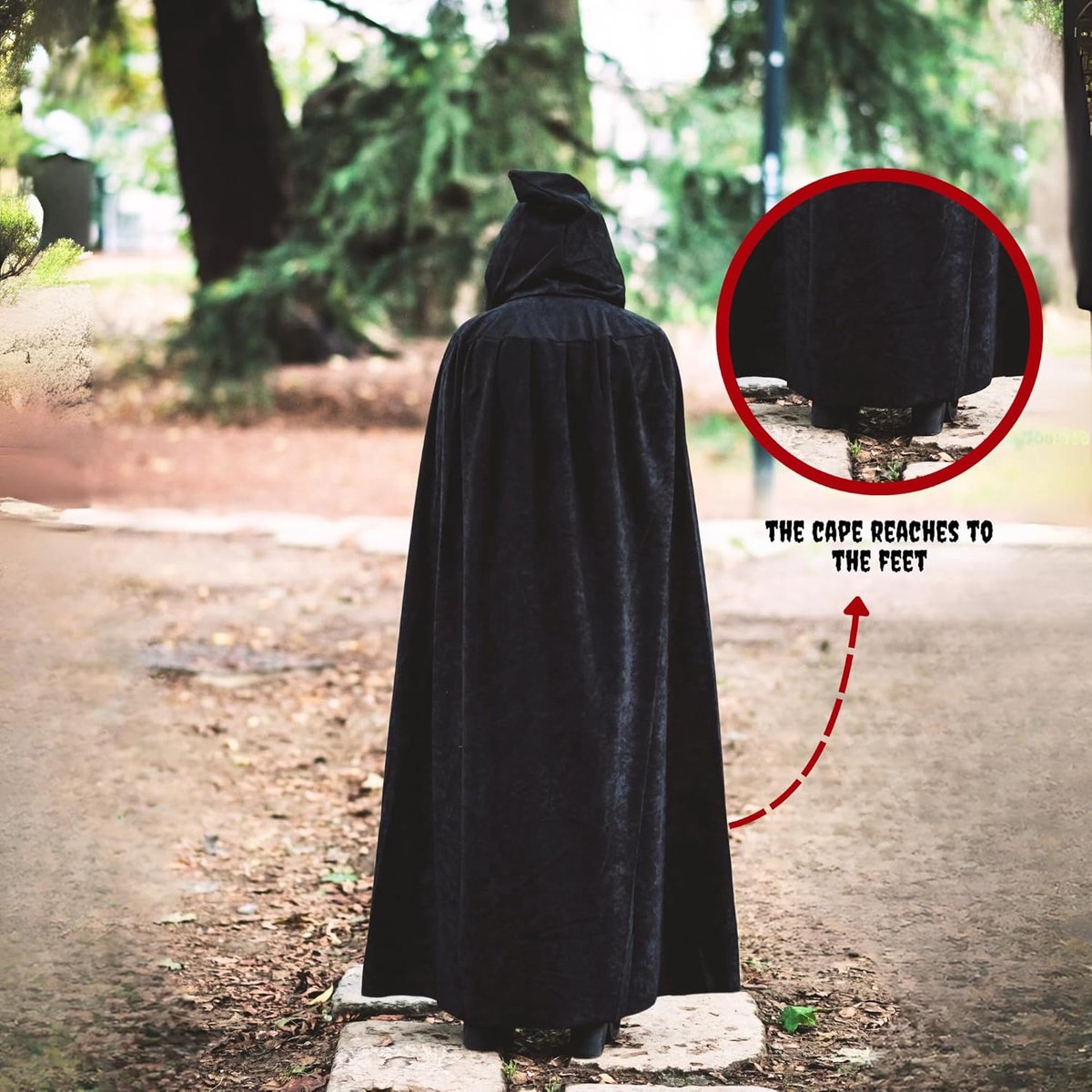 Luxury Black Hooded Coat - 170cm / XXL - Carnival Halloween Costume - Black Velour Coat - Hat - Adults - Dress Up - Costume Cape - Gothic - Fantasy - Halloween — image 3
