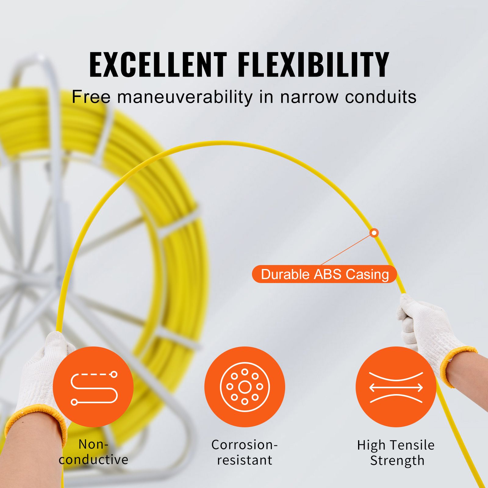 Fish Tape Fiberglass, 182.88 m, 7.9 mm, Duct Rodder Fishtape Wire Puller, Cable Running Rod with Steel Reel Stand, 3 Pulling Heads, Fishing Tools for Walls and — image 3