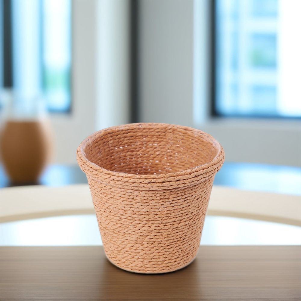1Pc Khaki Straw Flowerpot Retro Planter with Plastic Liner for Indoor Use