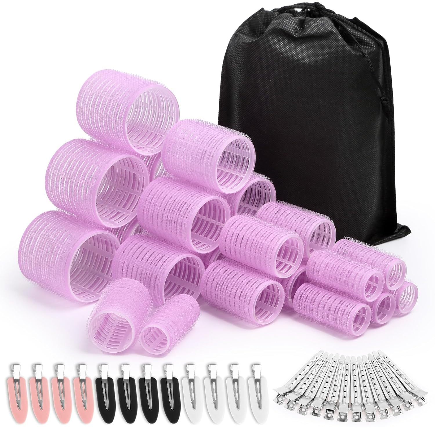 Light purple 49-Piece Pink Plastic Hair Rollers Set with Clips and Storage Bag for At-Home Styling – Multi-Size Curlers for Voluminous Curls, Waves