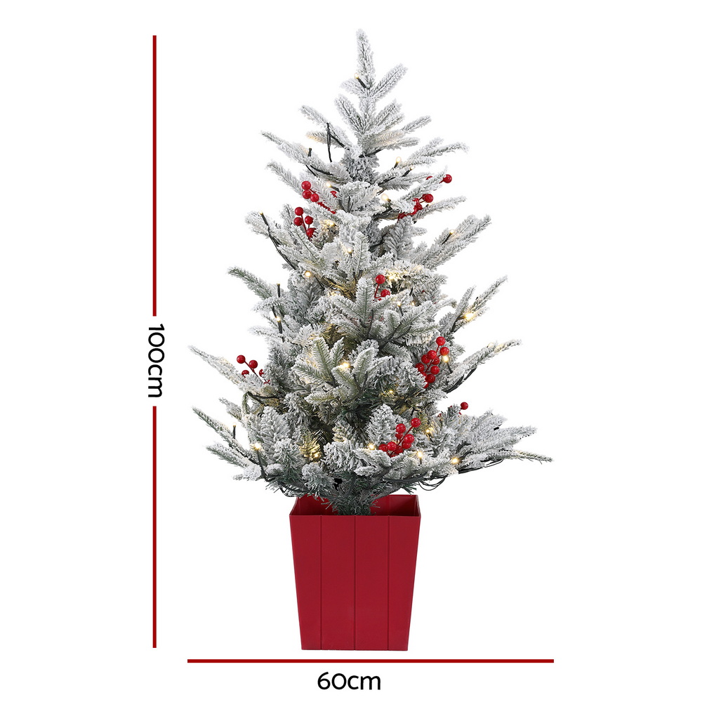 Jingle Jollys Christmas Tree 1M LED Potted Xmas Party Decor Red Barries Flocked — image 2