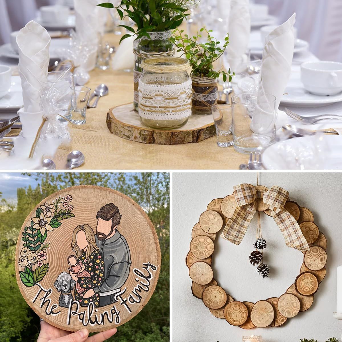 Wooden circles and bark wooden circles are used for crafts, while tree pieces are used for DIY crafts, rural wedding decorations — image 3