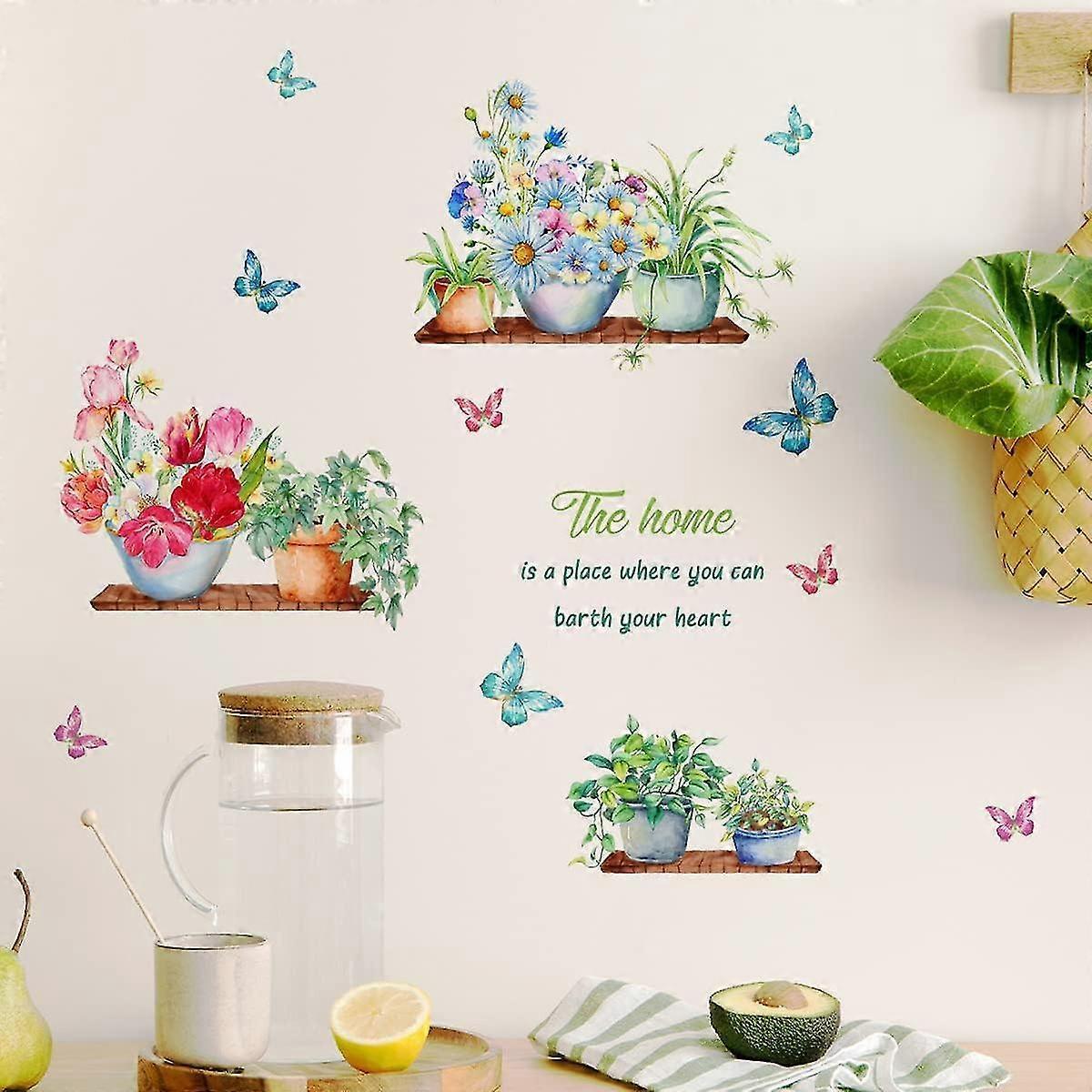 Green Potted Plants Wall Stickers Butterfly Flower Plant Wall Sticker For Kitchen Living Room Decoration — image 4