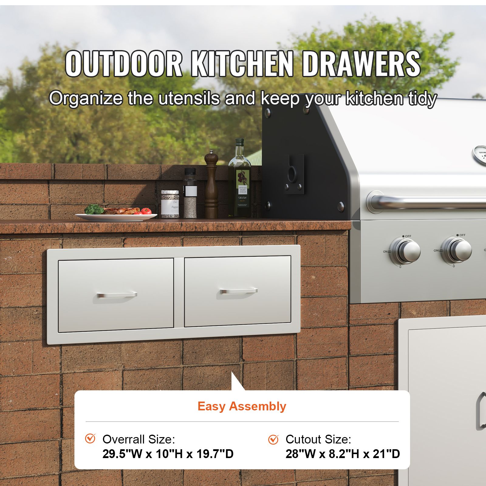 Outdoor Kitchen Drawers 30" W x 10" H x 20" D, Horizontal Double BBQ Access Drawers Stainless Steel with Handle, BBQ Island Drawers for Outdoor Kitchens or — image 2