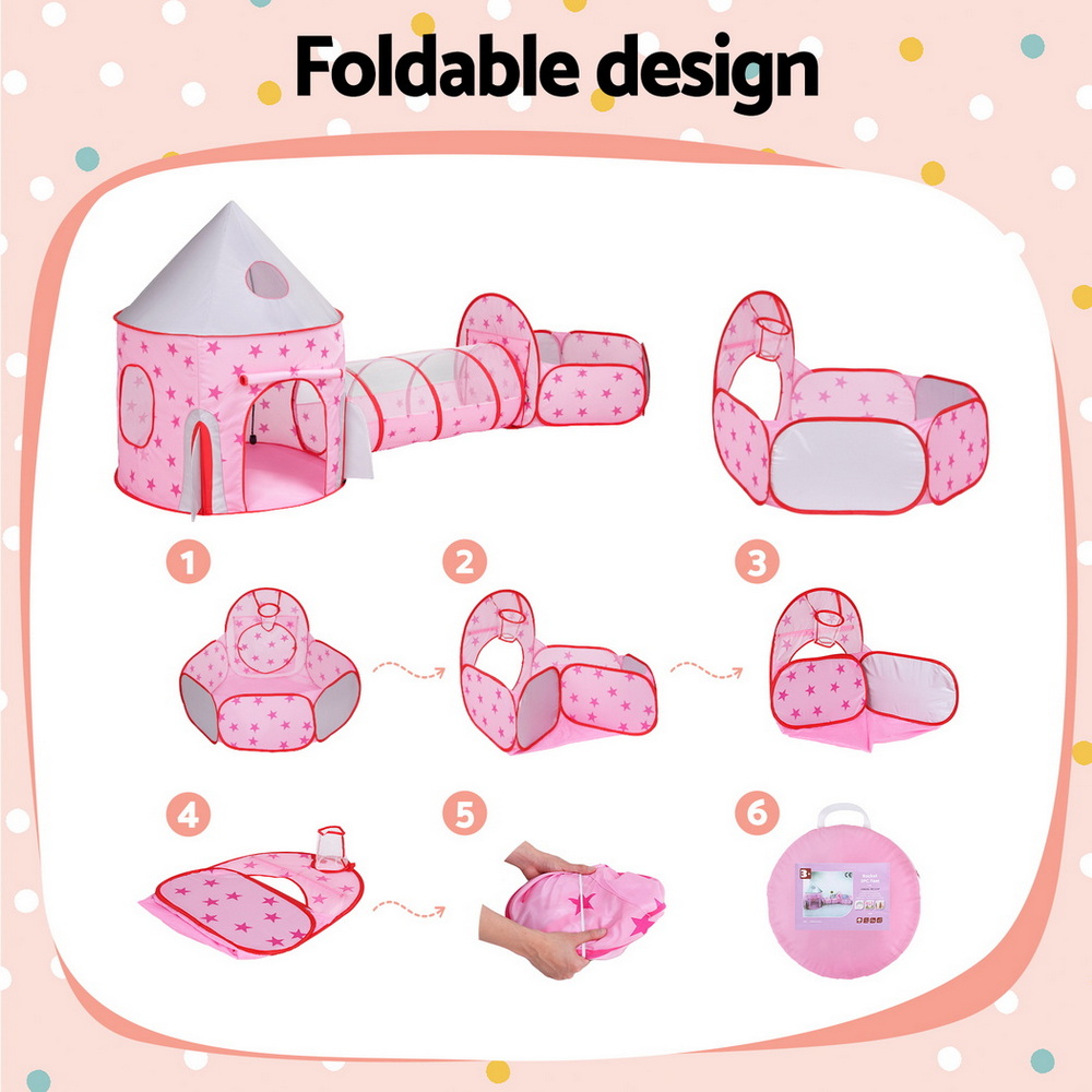 Keezi Kids Playhouse Play Tent Pop Up Castle Crawl Tunnel Basketball Hoop Pink โ image 6