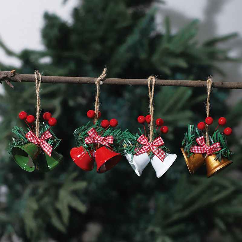 Christmas Bell Ornaments, 6Pcs Xmas Double Bells Hanging Decorations with Red Berries, Plaid Bow & Pine Needles, Holiday Home Party Wreath Decor โ image 3