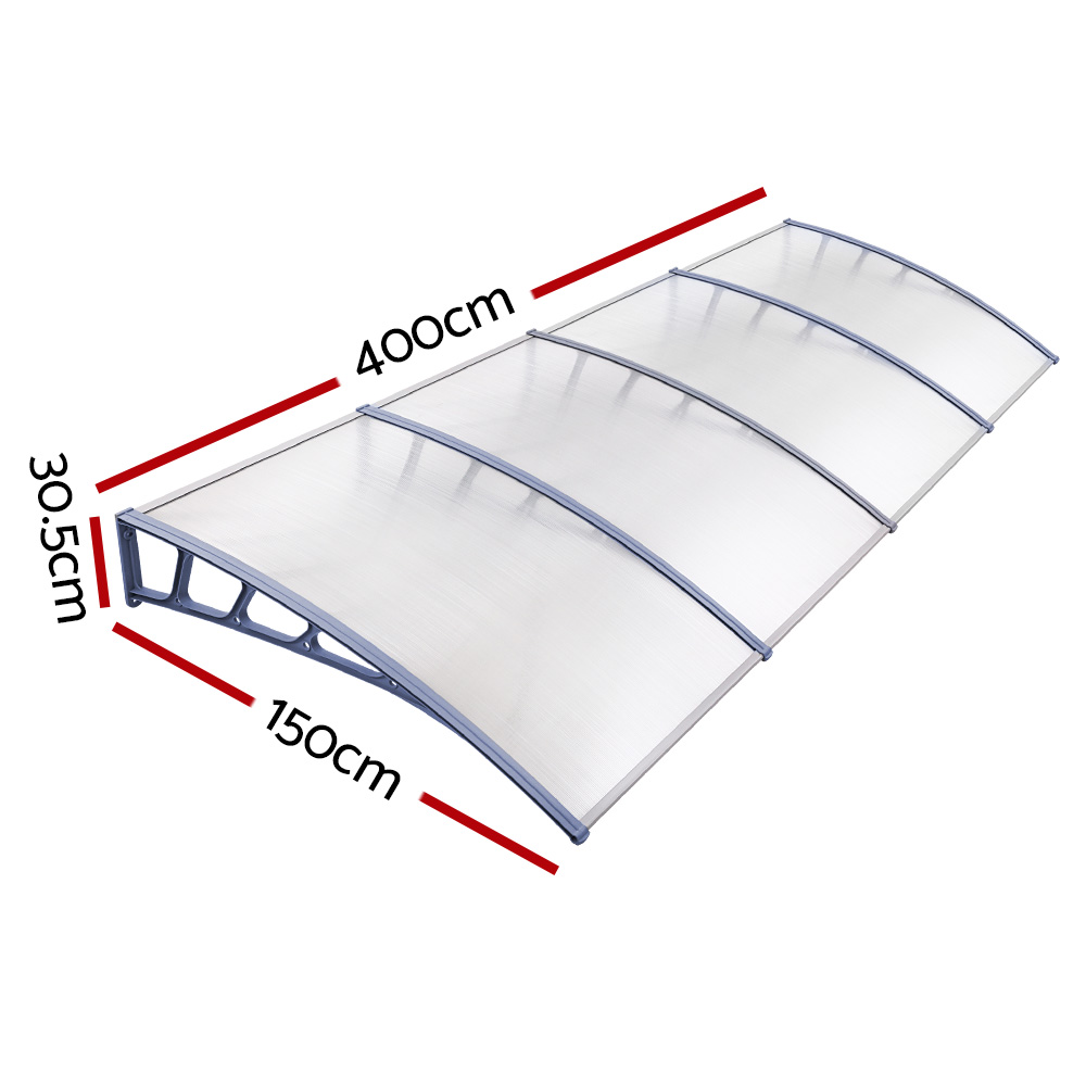 Instahut Window Door Awning Canopy 1.5mx4m Transparent Sheet Grey Plastic Frame — image 2
