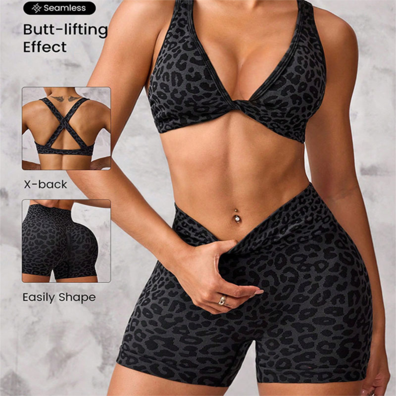 Leopard Print Yoga Set - Twist Front Sports Bra with Criss Cross Back and High Waisted Butt Lifting Shorts(Size:M) โ image 2
