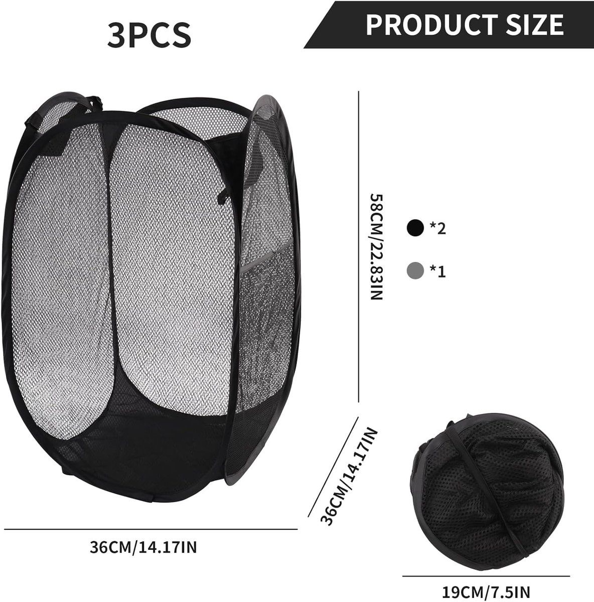 3 Pieces Pop Up Laundry Baskets, Foldable Portable Clothes Hampers for Bathroom, Bedroom, College, Camping and Travel, Black, 36 x 58 cm โ image 4