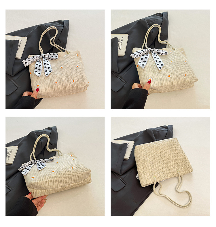 White Women's Straw Woven Tote Bag Summer Daisy Embroidery Shoulder Handbag with Ribbon Scarf — image 4
