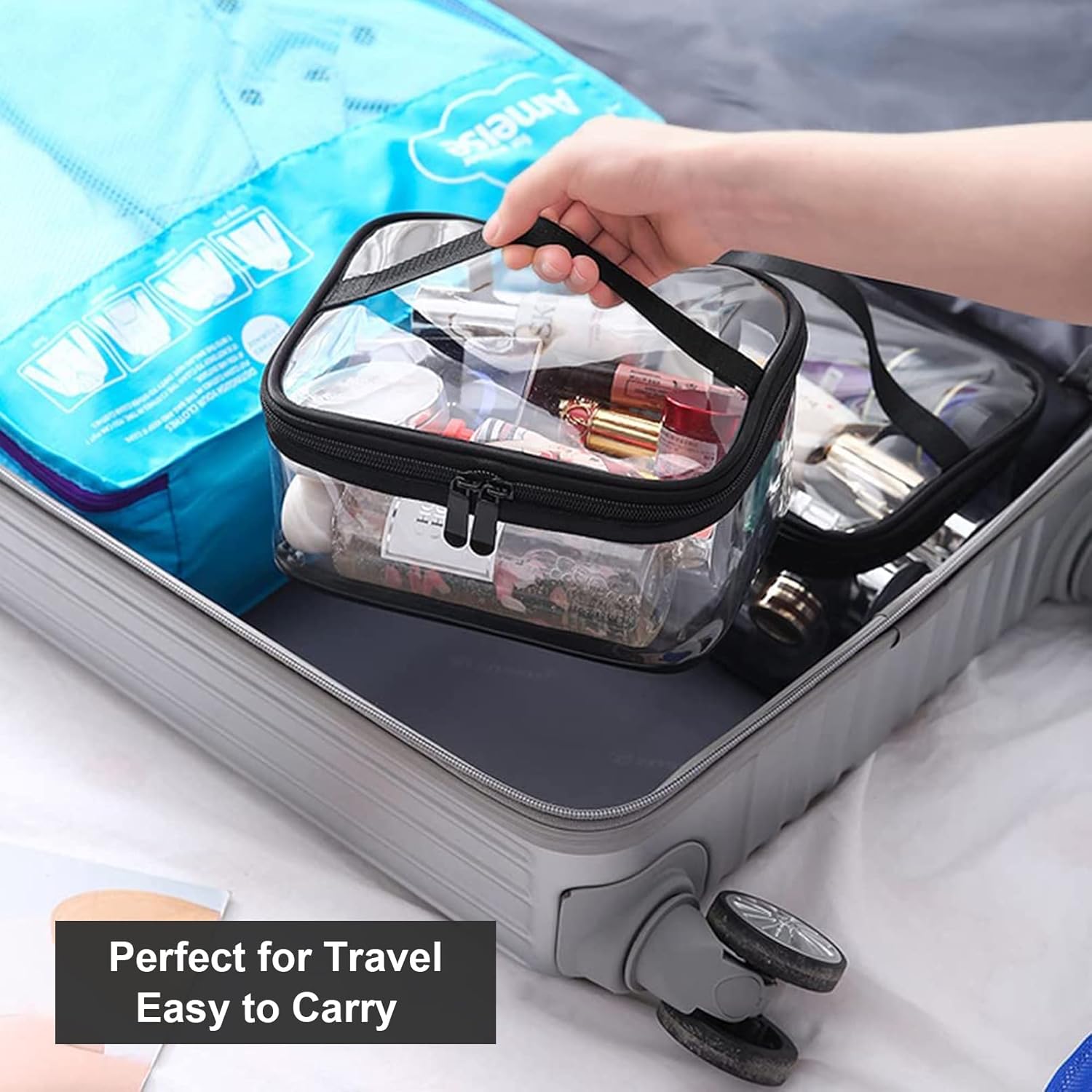 Transparent toiletry bags - 2 pieces of portable makeup bags Transparent cosmetic bag with handle - zip - waterproof travel bag โ image 5