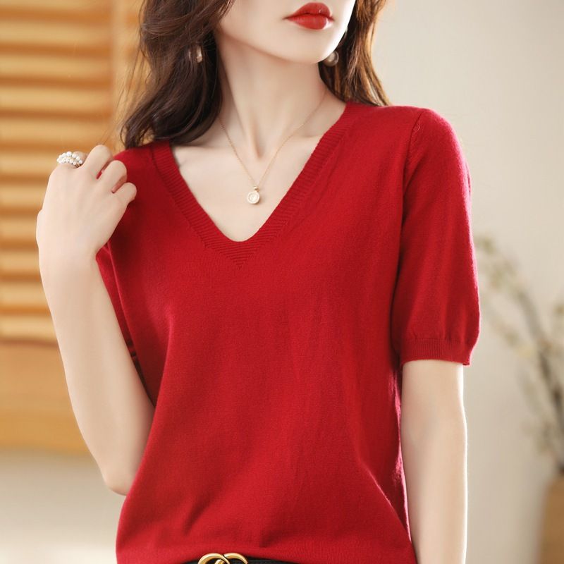 Women V Neck Knit Sweater Half Sleeve Pullover Beige XL Size: XL; Height (cm): 170-175; Weight (kg): 60-65; Bust (cm): 94-98; Waist (cm): 78-82; Shoulder width โ image 5