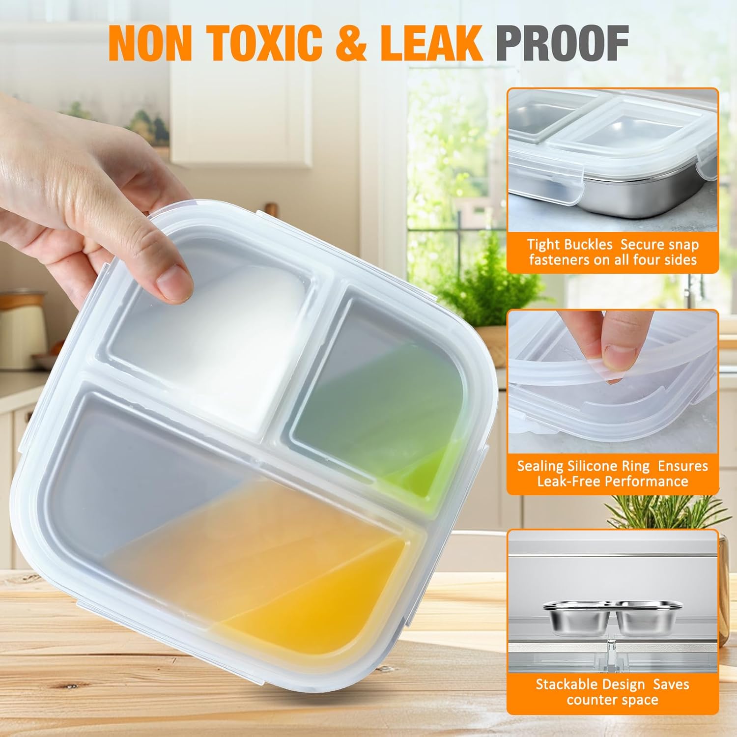 Stainless Steel Snack Containers With Lids, 3 Compartment Leak-proof Bento Box, 20 oz Reusable Grab and Go Food Storage Containers for School, Home, Office โ image 4
