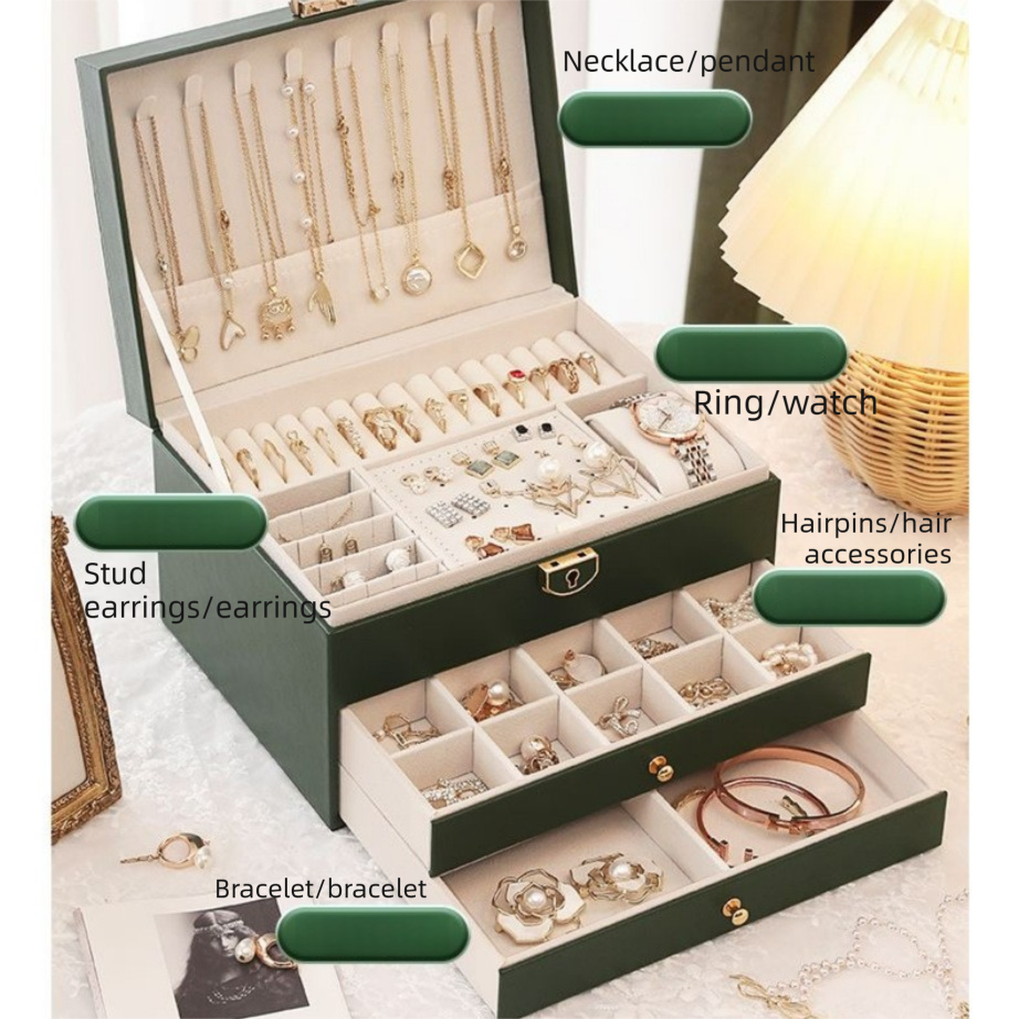 Black Large Lockable Jewellery Box with 3 Drawers PU Leather Jewellery Organiser Case for Rings Earrings Necklaces Watches and Bracelets โ image 5