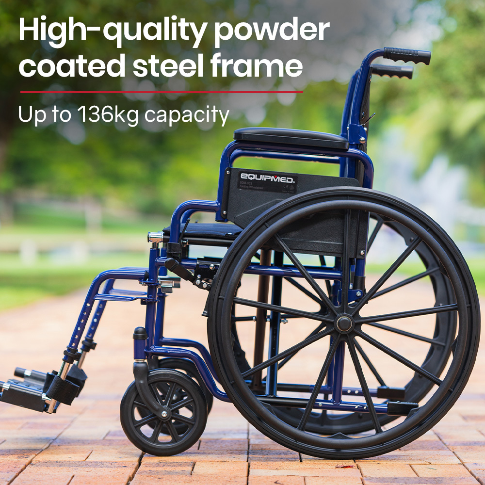 EQUIPMED Portable Wheelchair 24 Inch Folding Lightweight Wheel Chair, 136kg Capacity Mobility. Blue โ image 2