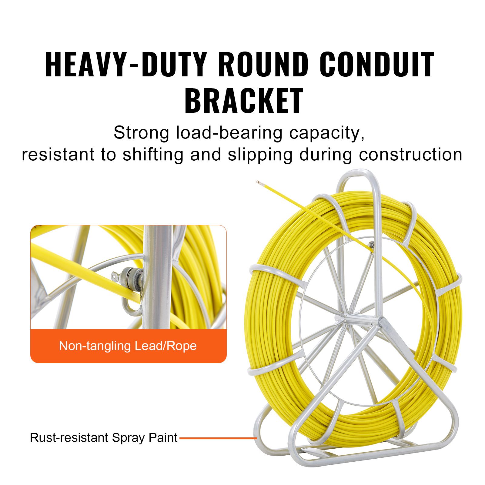 Fish Tape Fiberglass, 129.5 m, 6.35 mm, Duct Rodder Fishtape Wire Puller, Cable Running Rod with Steel Reel Stand, 3 Pulling Heads, Fishing Tools for Walls and โ image 4
