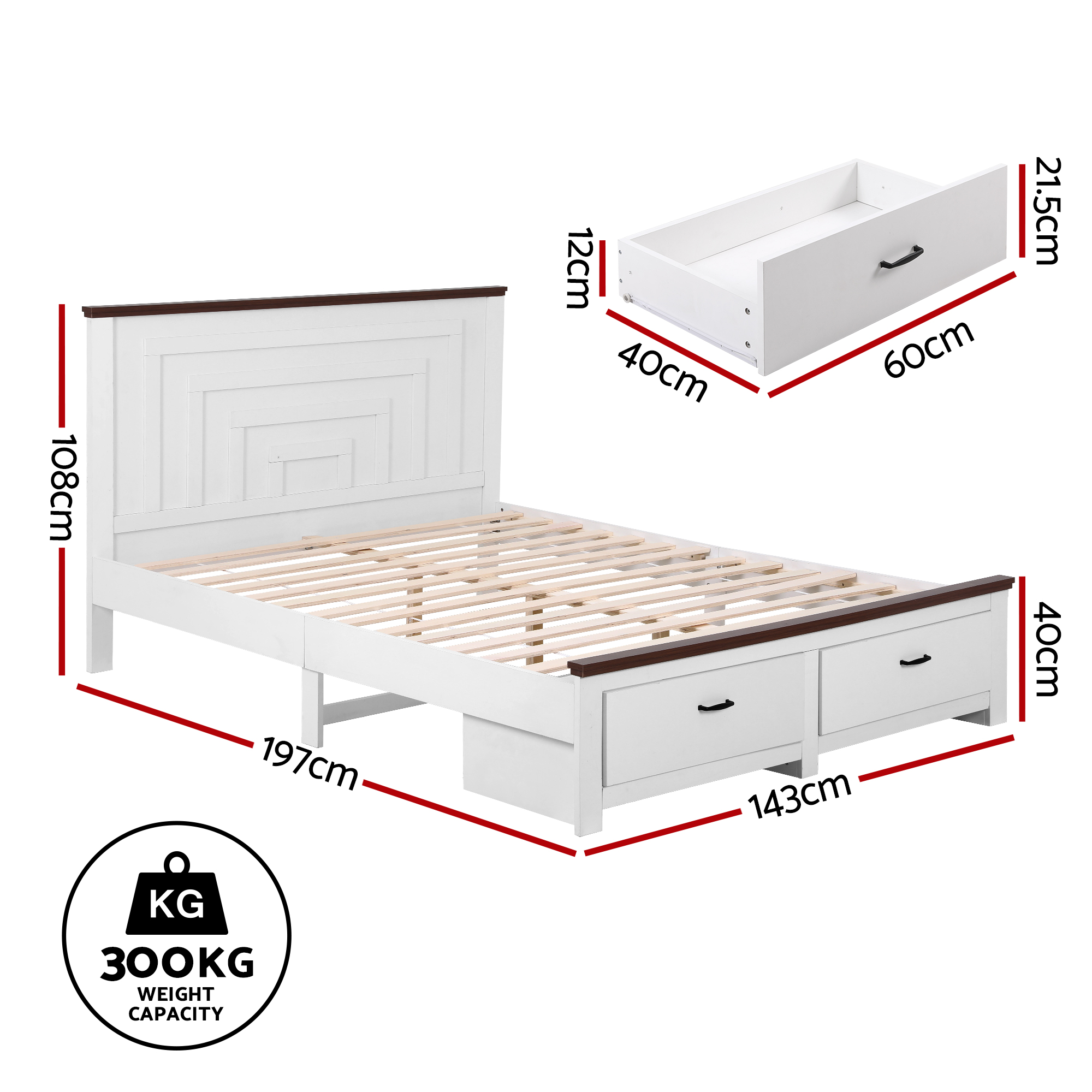 Artiss Double Wooden Bed Frame with 2 Drawer Platform Bed with 108cm Solid High Headboard White Bed Base for Bedroom Easy Assembly โ image 2