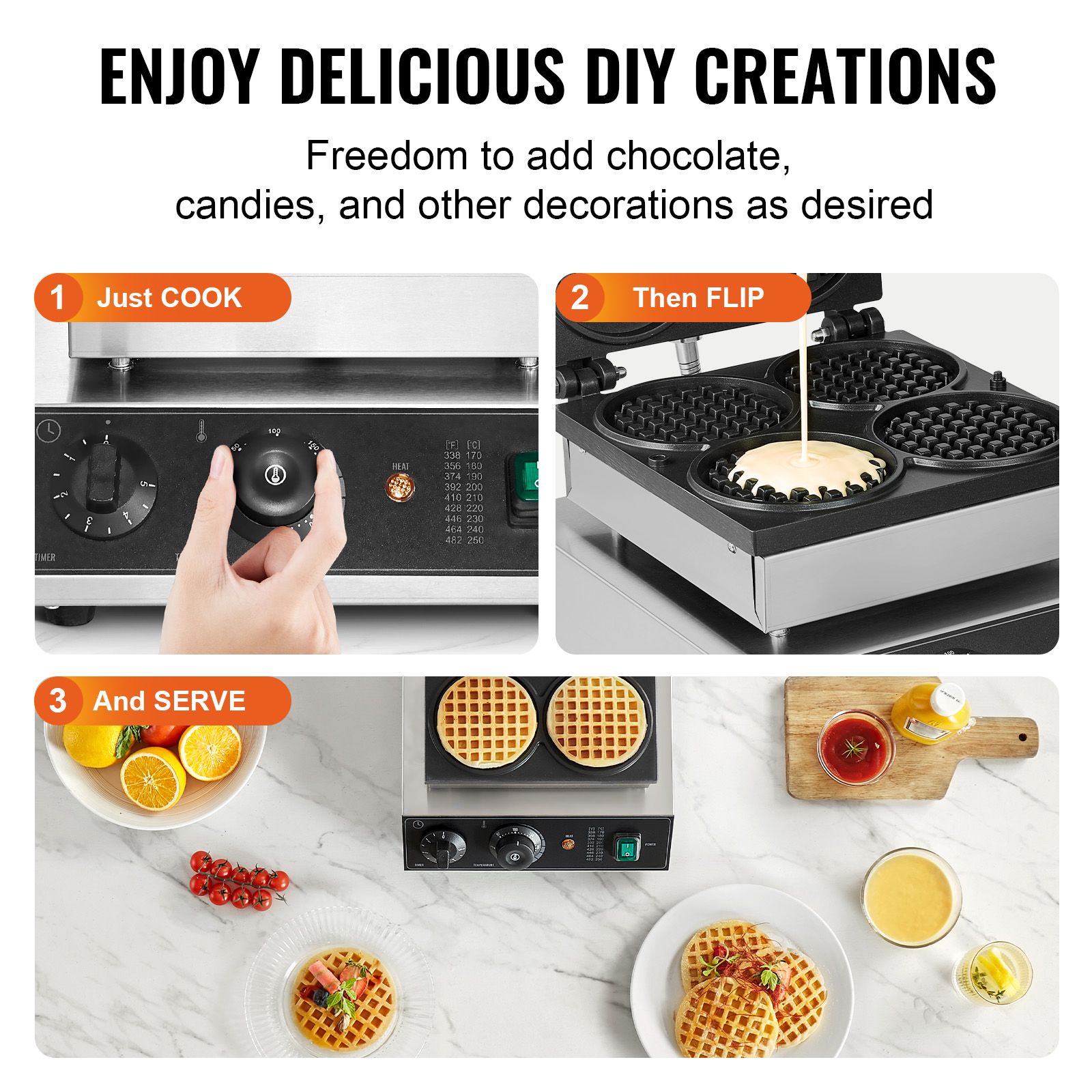 Commercial Waffle Maker, 4PCS Round Waffle Baker Machine, 1750W Non-Stick Stainless Steel Belgian Waffle Iron with Temperature and Time Control — image 6