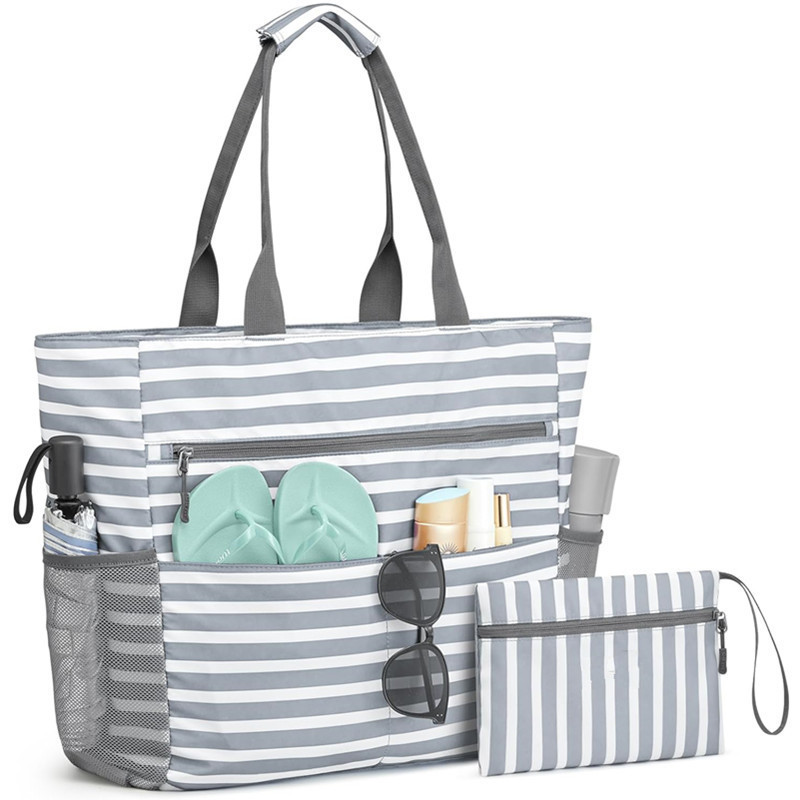 Gray Striped Beach Bag - Spacious Lightweight Tote for Travel, Pool & Vacation English Description