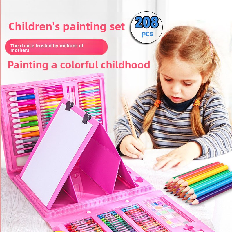 Pink 208-Piece Kids Art Set with Built-in Trifold Easel Drawing and Painting Kit for Students with Watercolor Pens Crayons and Pencils for Aussie — image 3
