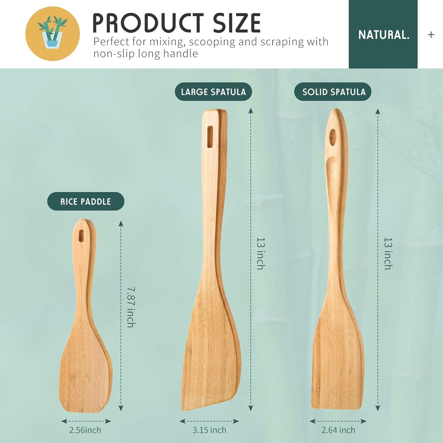 3 Pieces Bamboo Cooking Spatula and Paddle Set Bamboo Turner Wok Spatula Spoon Heat Resistant Kitchen Utensil for Nonstick Cookware, 3 Styles โ image 2