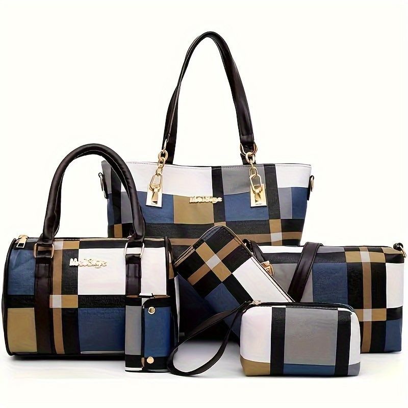 Women'S Bag Set Six Piece Bag Set Checkered Bag Large Capacity Bag Korean Style - Brown - Size 30-27-13 — image 5