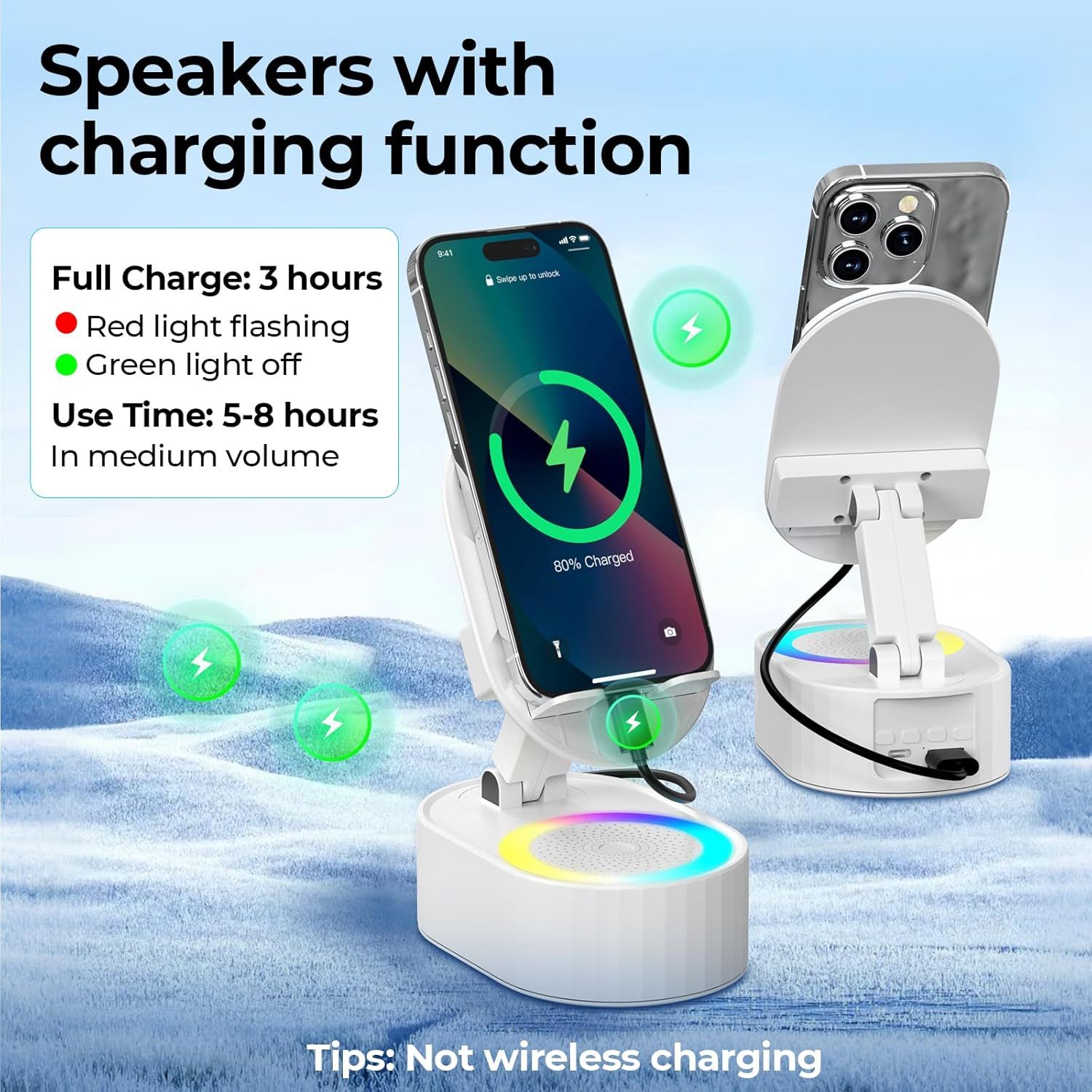 Wireless Induction Audio Bluetooth Speaker 5in1 Phone Holder Emergency Rechargeable (3000mAh) with Colorful Ambient Light 300° Foldable for Tablet iPhone — image 3