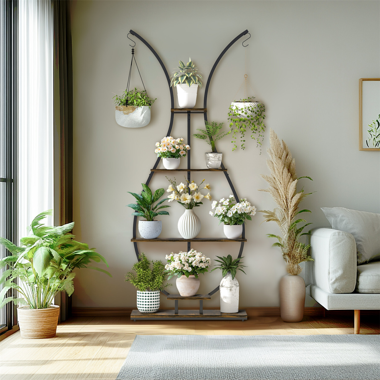 180Cm Tall Plant Stand Indoor Vase-Shape Metal Plant Shelf With Hanging Hooks — image 6
