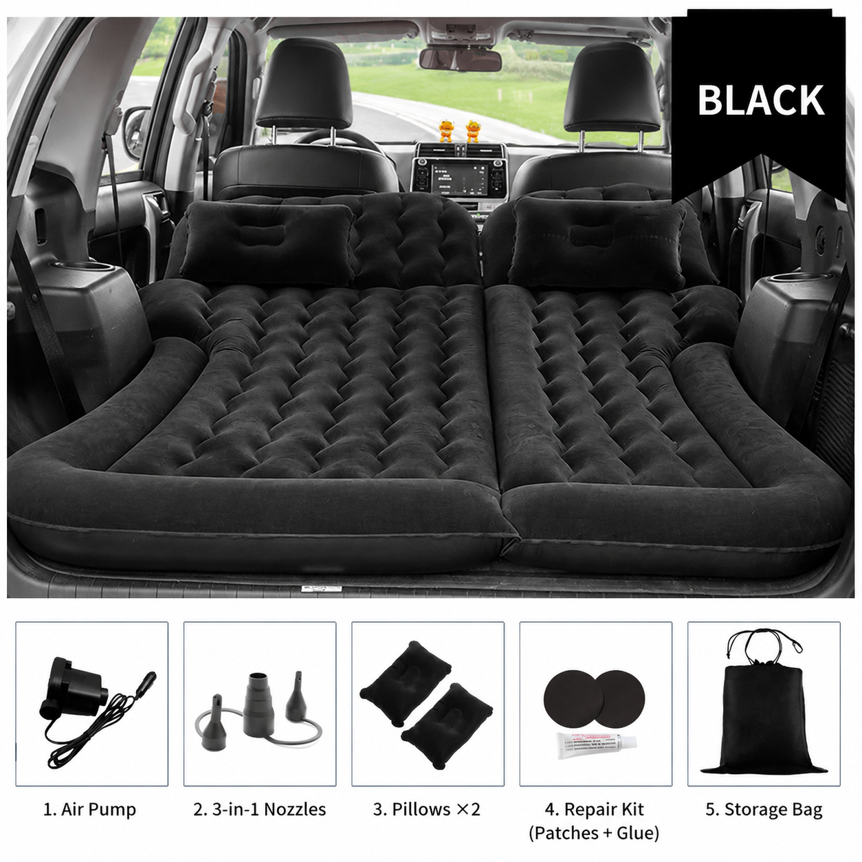 Black Large Inflatable Universal Car Air Mattress with 2 Pillows, Pump and Storage Bag - Dual Zone Split Bed Soft Flocked Camping Travel Bed Integrated Head /